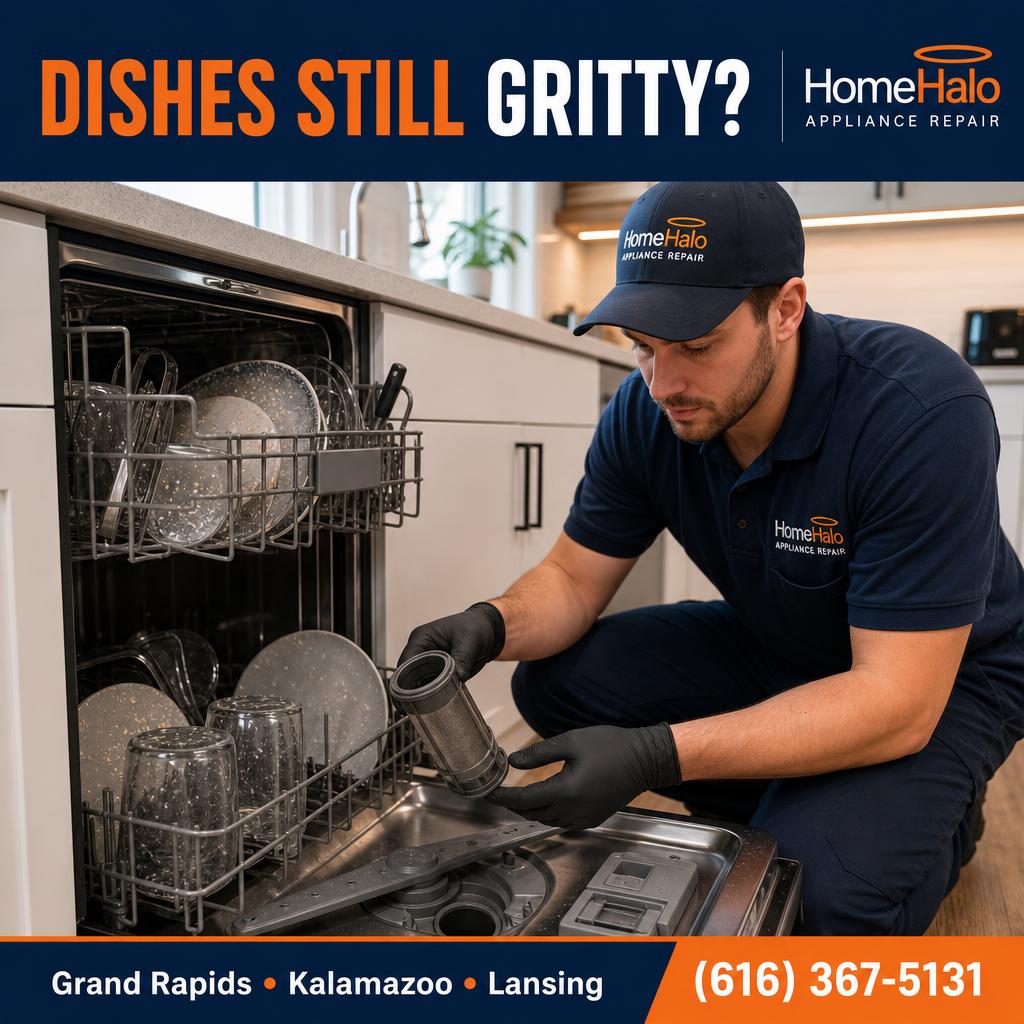 HomeHalo dishwasher repair guide for gritty dishes in West Michigan