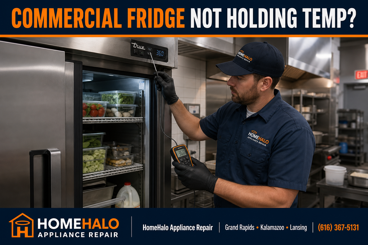 HomeHalo technician checking a commercial refrigerator that is not holding temperature in West Michigan