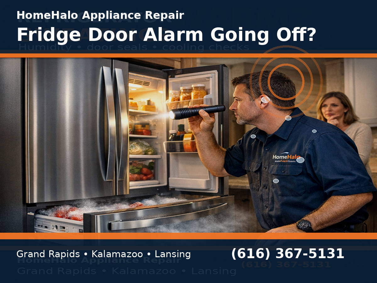 HomeHalo refrigerator repair guide for a refrigerator door alarm going off in West Michigan